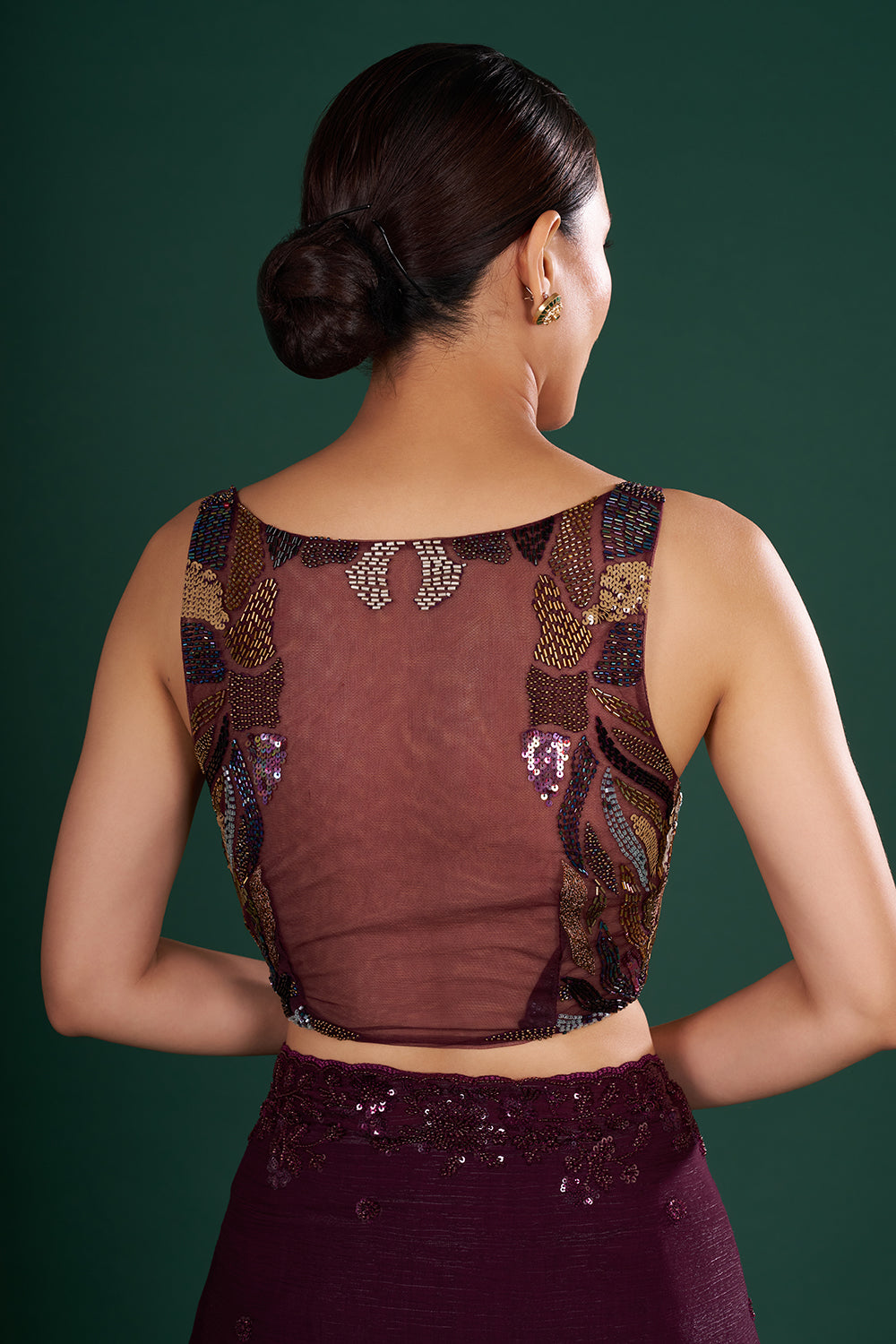 Deep Wine Saree in Crush Shimmer Jimmy choo with Sequin & Thread Embroidery