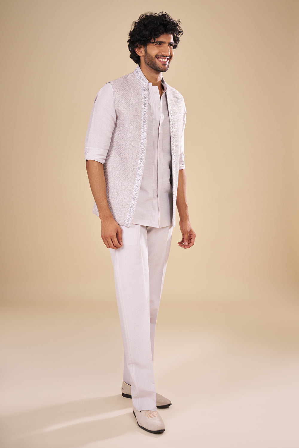 Dove Grey Linen Jacket Set with Scalloped Lace Border.