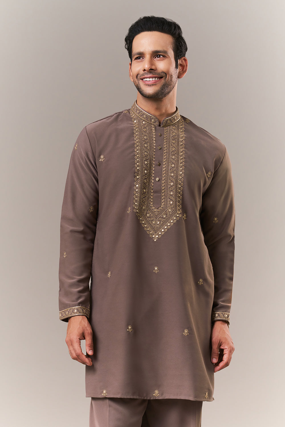 Dusky Brown Faux Georgette Mens Kurta Set with Dori and Sequin Work