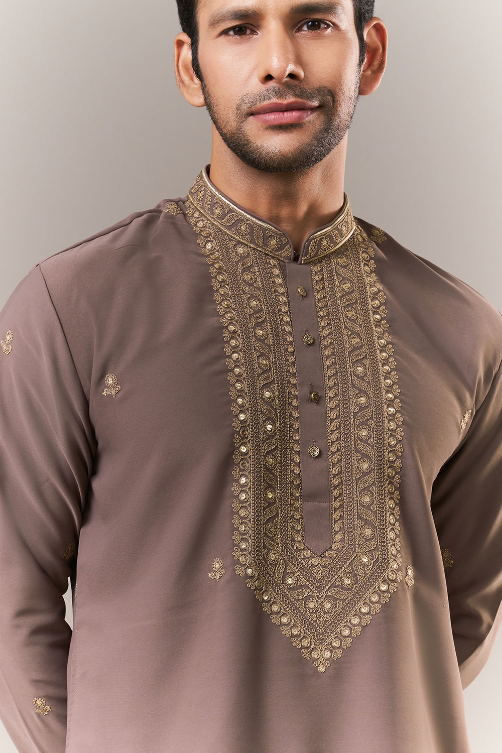 Dusky Brown Faux Georgette Mens Kurta Set with Dori and Sequin Work