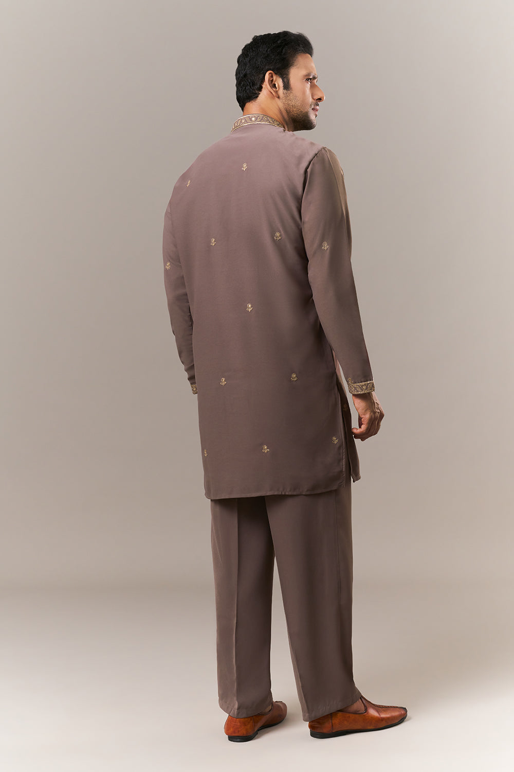 Dusky Brown Faux Georgette Mens Kurta Set with Dori and Sequin Work