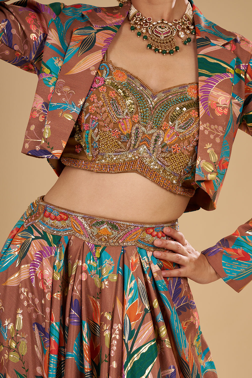 Dusky Brown Silk Satin Foil Printed Lehenga Set with 3D Floral Pieces