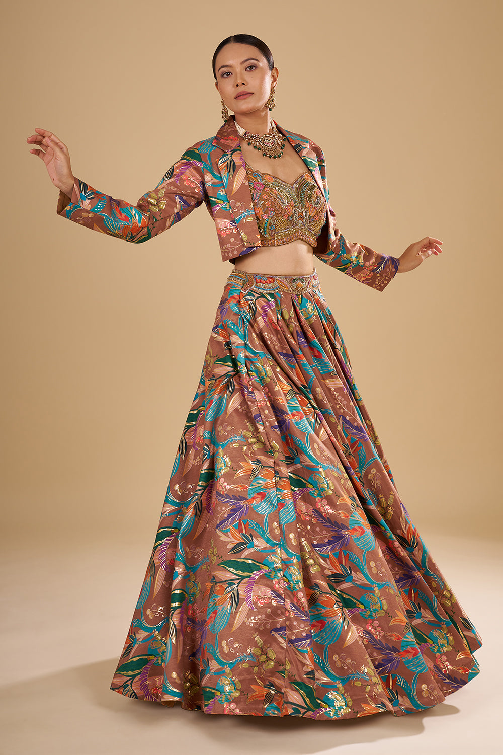 Dusky Brown Silk Satin Foil Printed Lehenga Set with 3D Floral Pieces