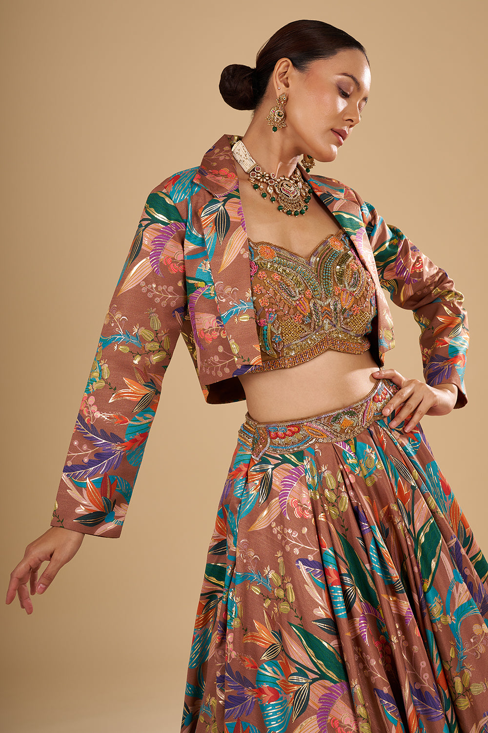 Dusky Brown Silk Satin Foil Printed Lehenga Set with 3D Floral Pieces