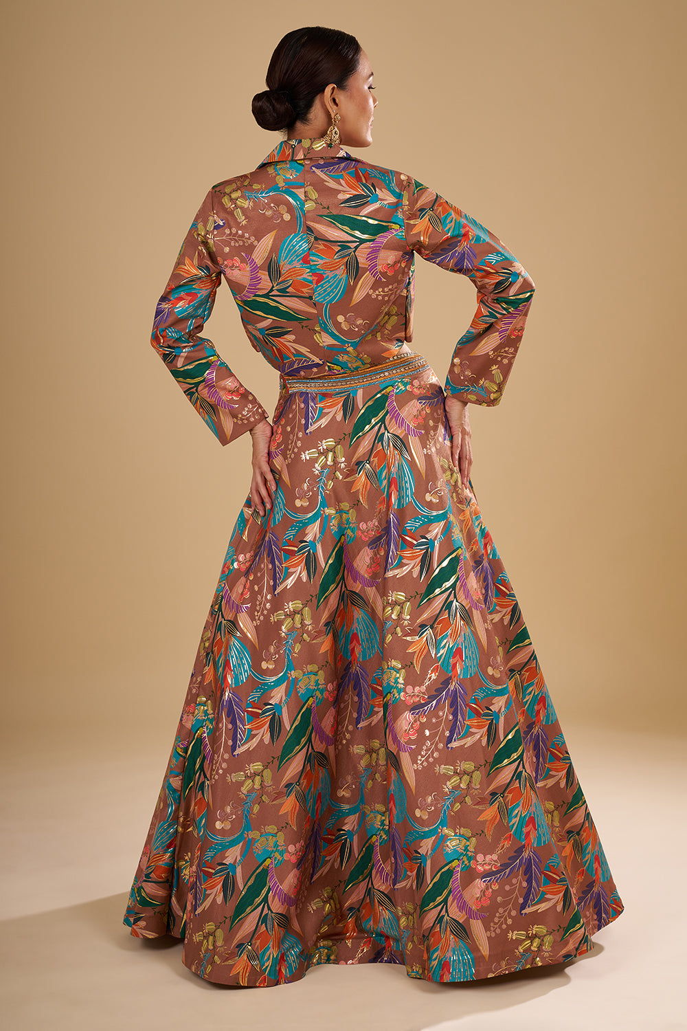Dusky Brown Silk Satin Foil Printed Lehenga Set with 3D Floral Pieces