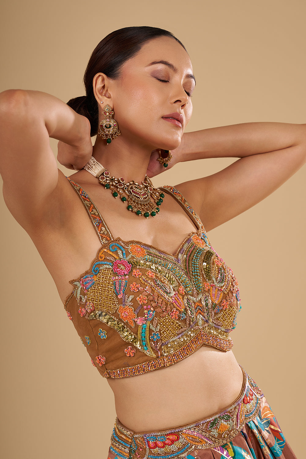 Dusky Brown Silk Satin Foil Printed Lehenga Set with 3D Floral Pieces