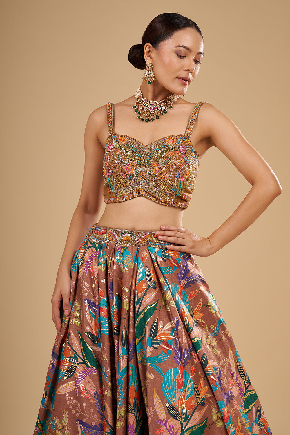 Dusky Brown Silk Satin Foil Printed Lehenga Set with 3D Floral Pieces
