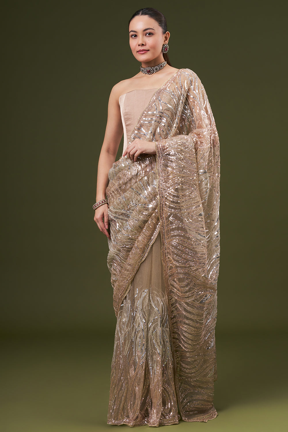 Dusty Beige Net Embroidered Saree with Cutdana and Sequin Work