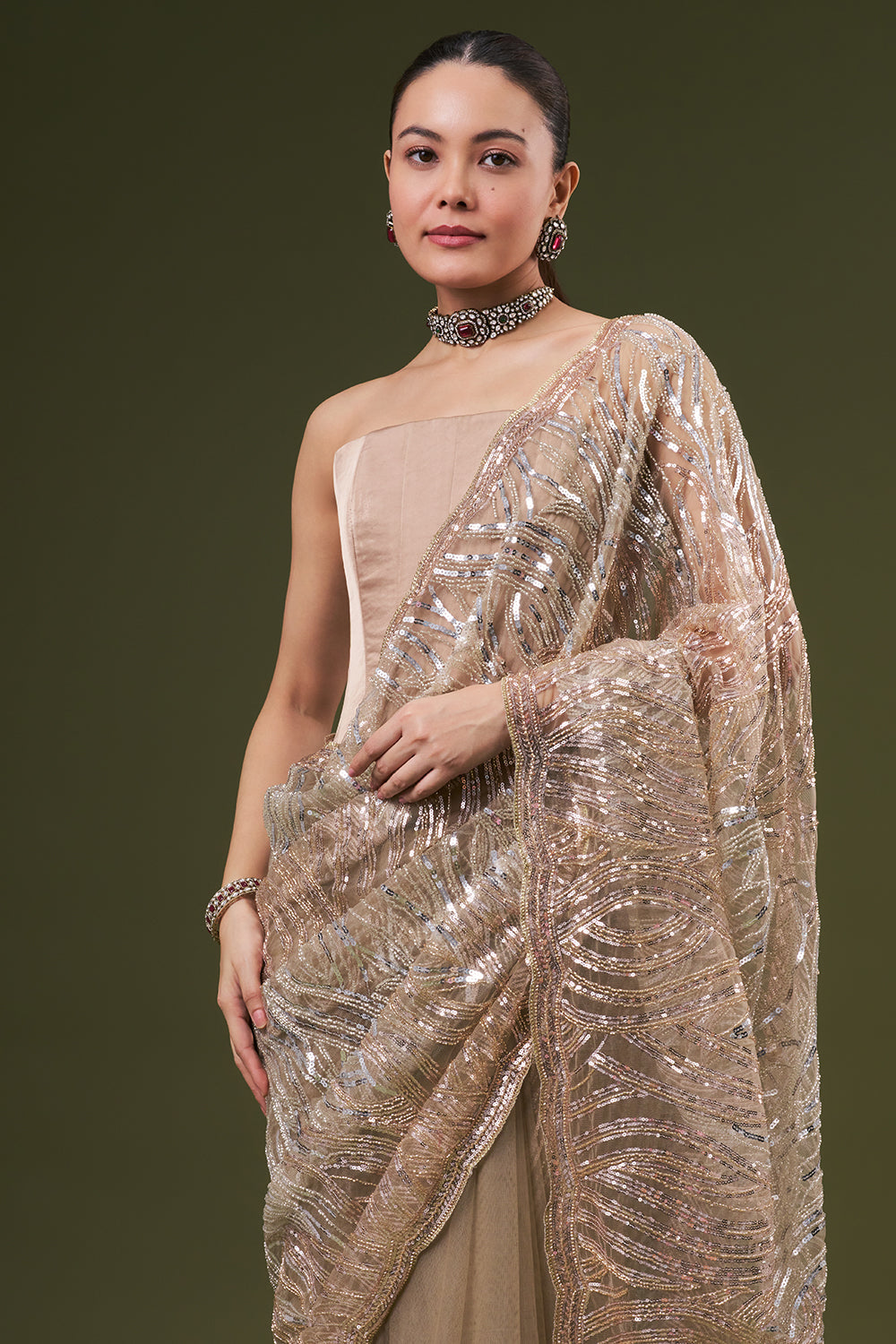 Dusty Beige Net Embroidered Saree with Cutdana and Sequin Work
