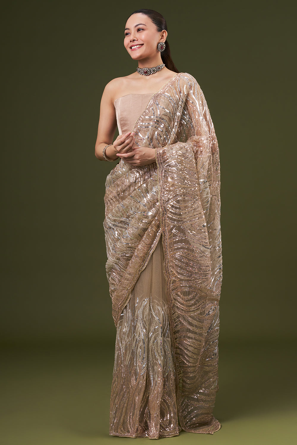Dusty Beige Net Embroidered Saree with Cutdana and Sequin Work