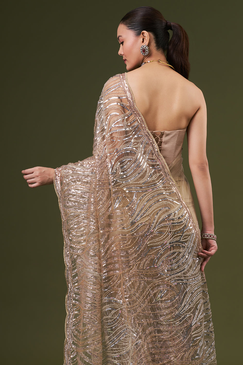 Dusty Beige Net Embroidered Saree with Cutdana and Sequin Work