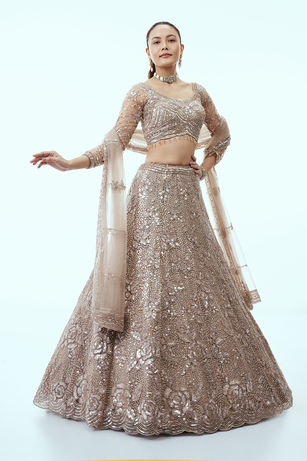 Dusty Beige Net Lehenga with Floral Sequin Work