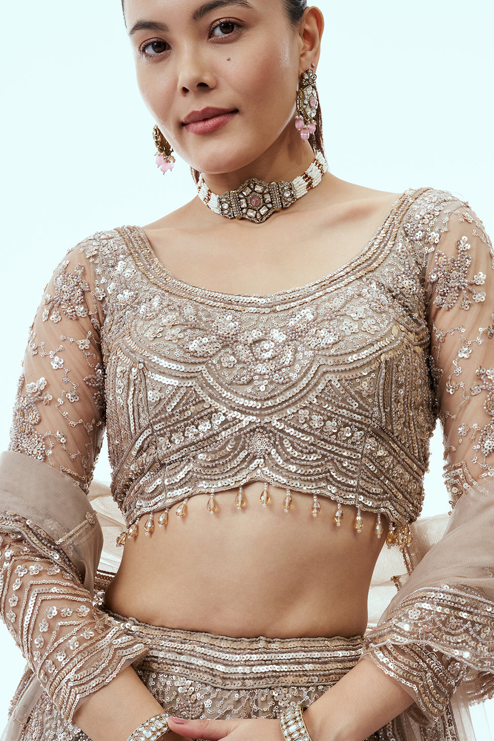 Dusty Beige Net Lehenga with Floral Sequin Work