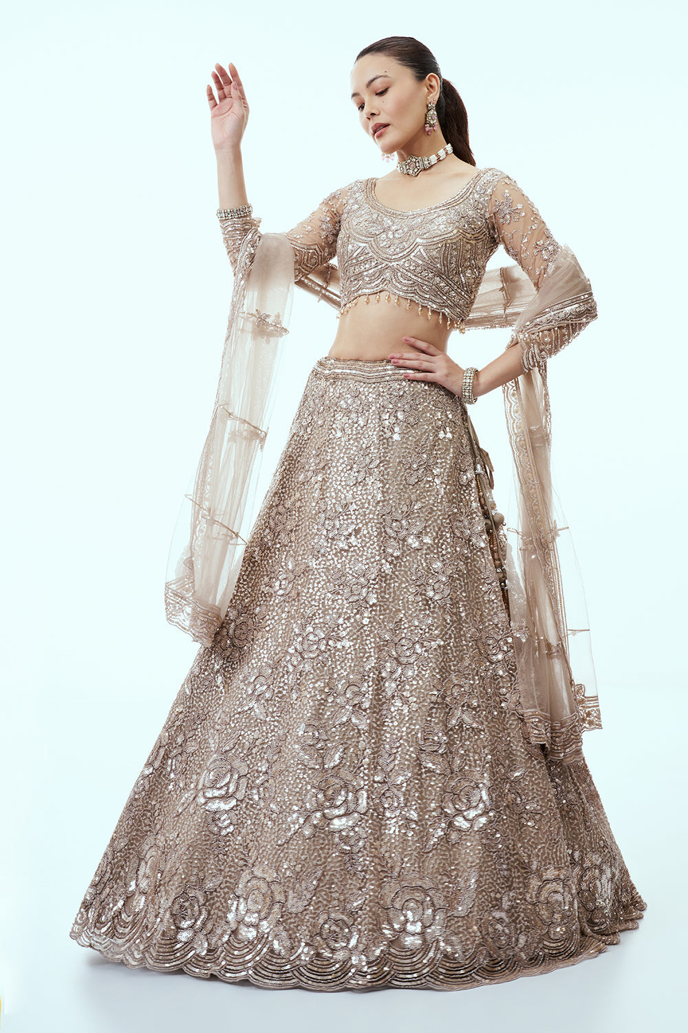 Dusty Beige Net Lehenga with Floral Sequin Work