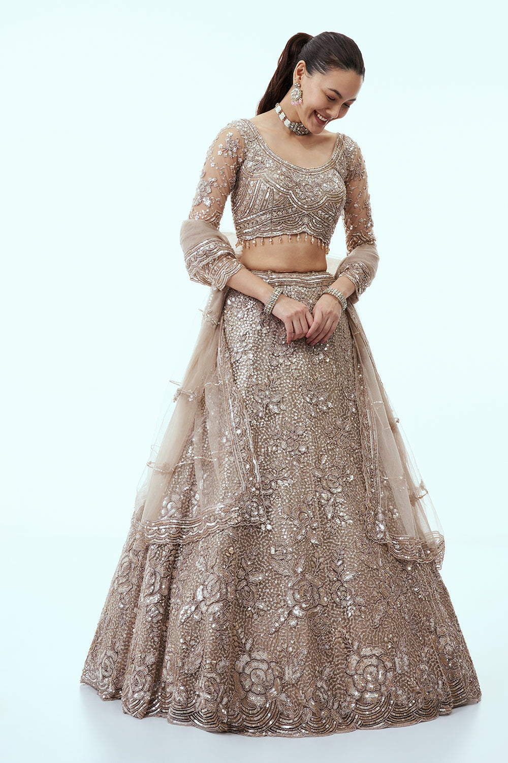 Dusty Beige Net Lehenga with Floral Sequin Work