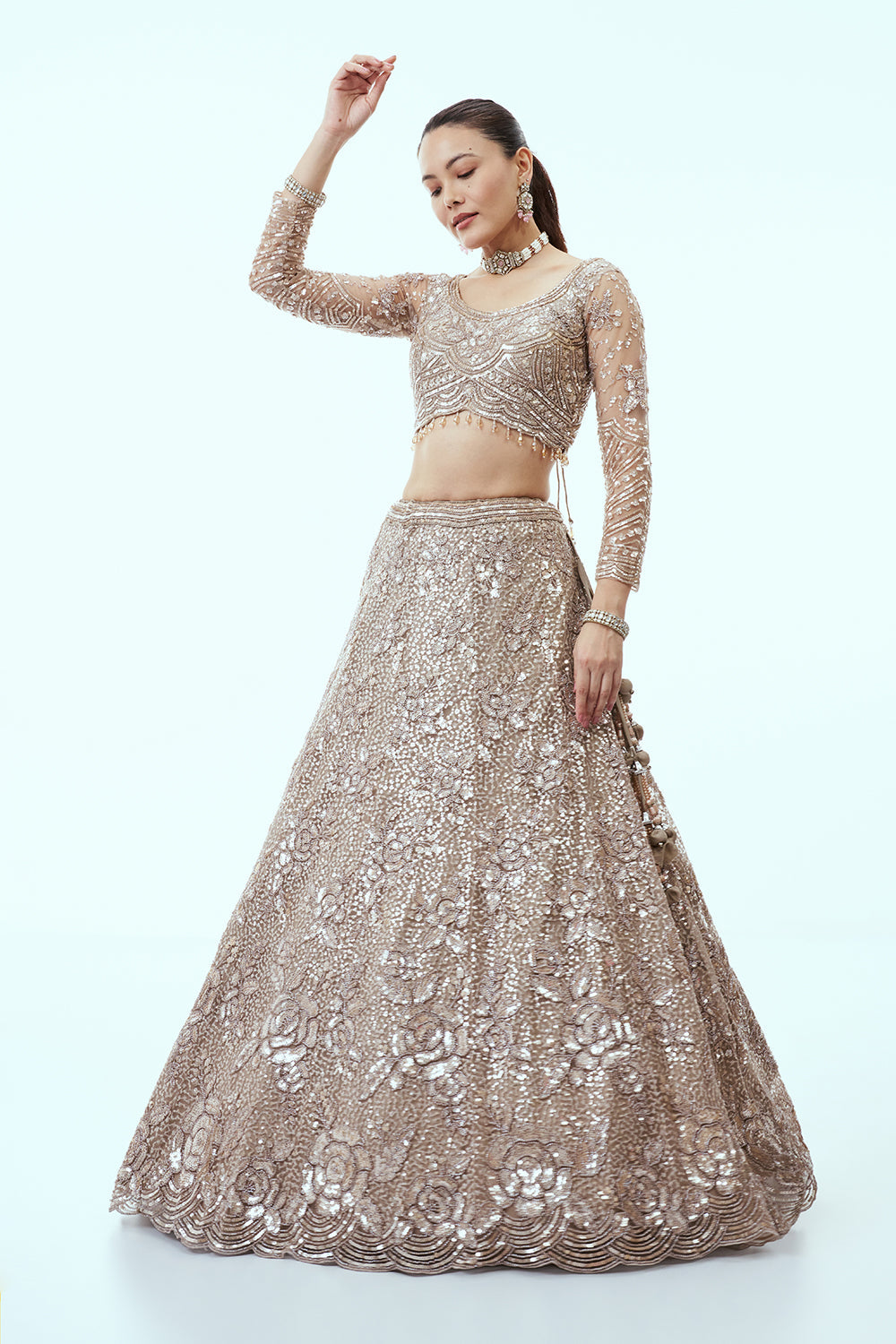 Dusty Beige Net Lehenga with Floral Sequin Work