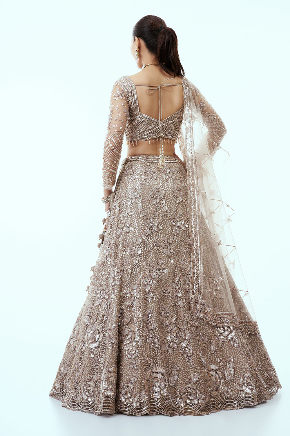 Dusty Beige Net Lehenga with Floral Sequin Work