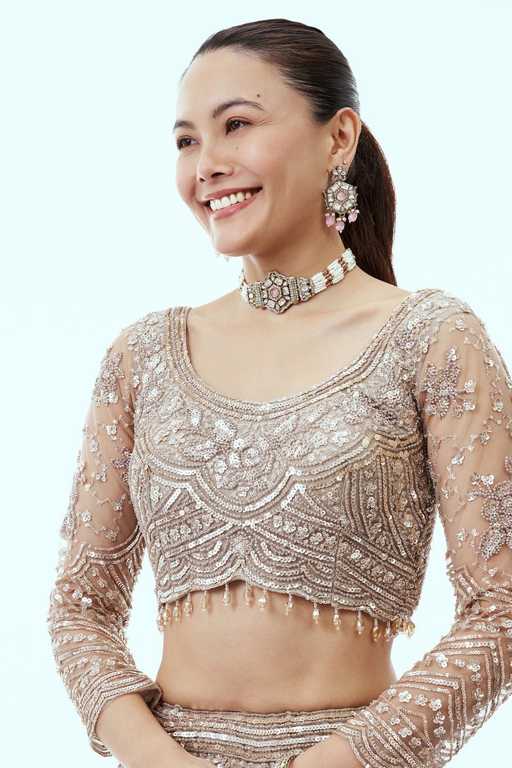 Dusty Beige Net Lehenga with Floral Sequin Work