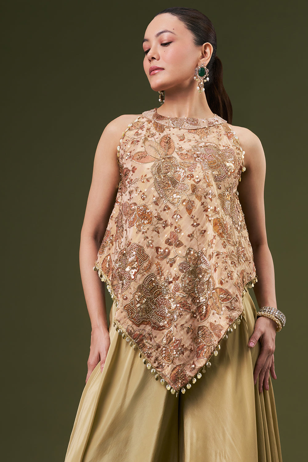 Dusty Beige Tissue Coord Set with Sequin Zari Work