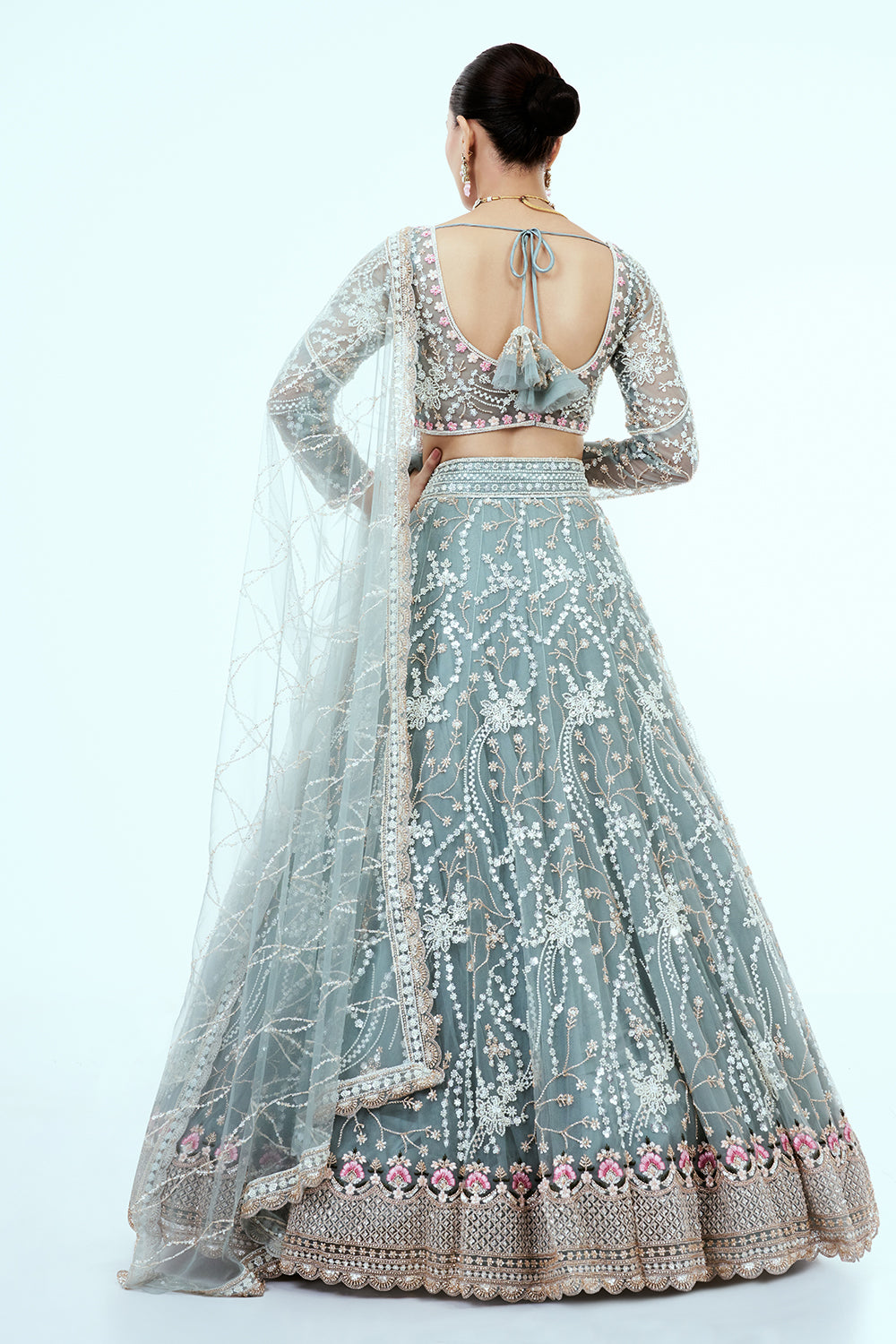 Dusty Blue Hand Embroidered Net Lehenga with Cutdana Work