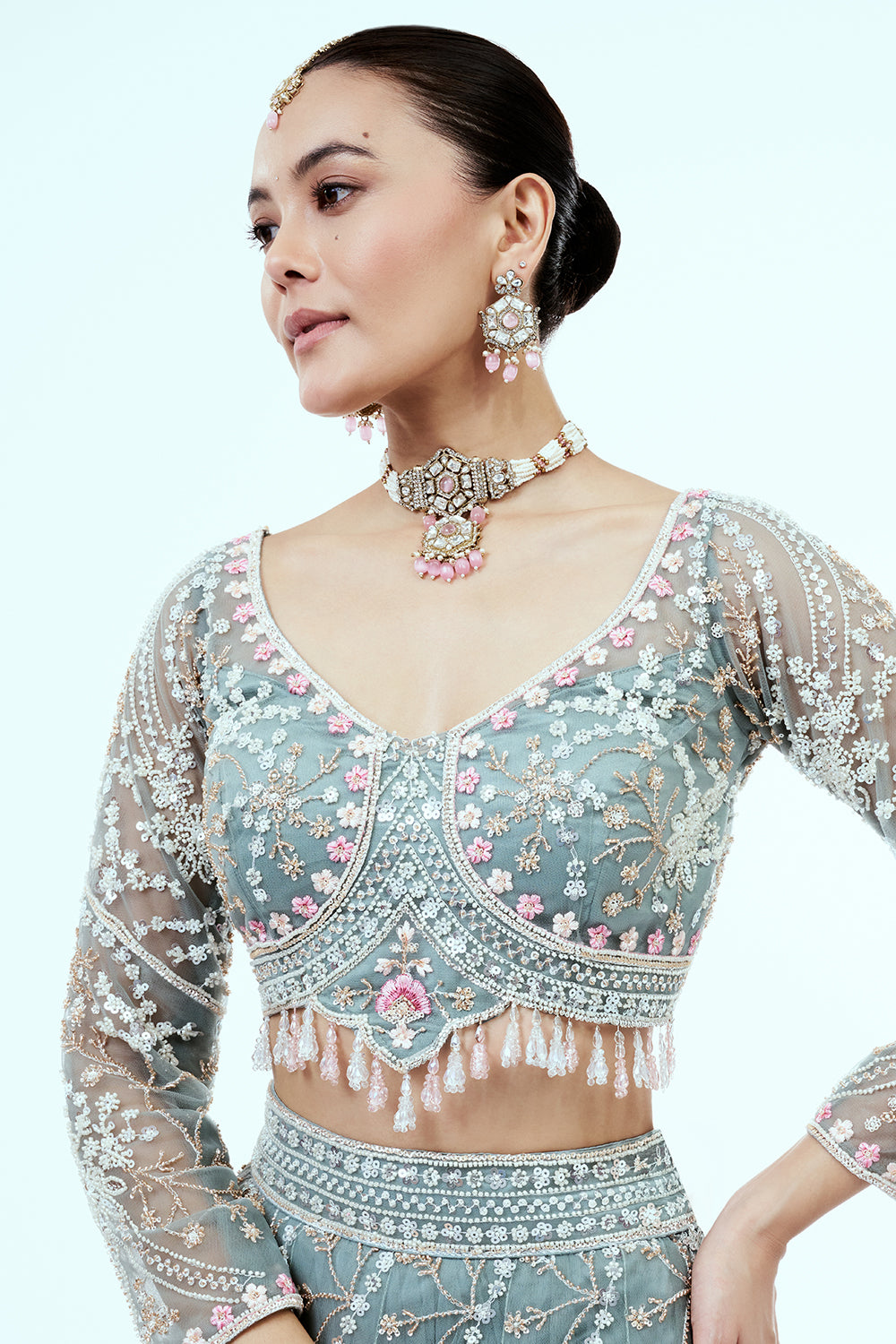 Dusty Blue Hand Embroidered Net Lehenga with Cutdana Work