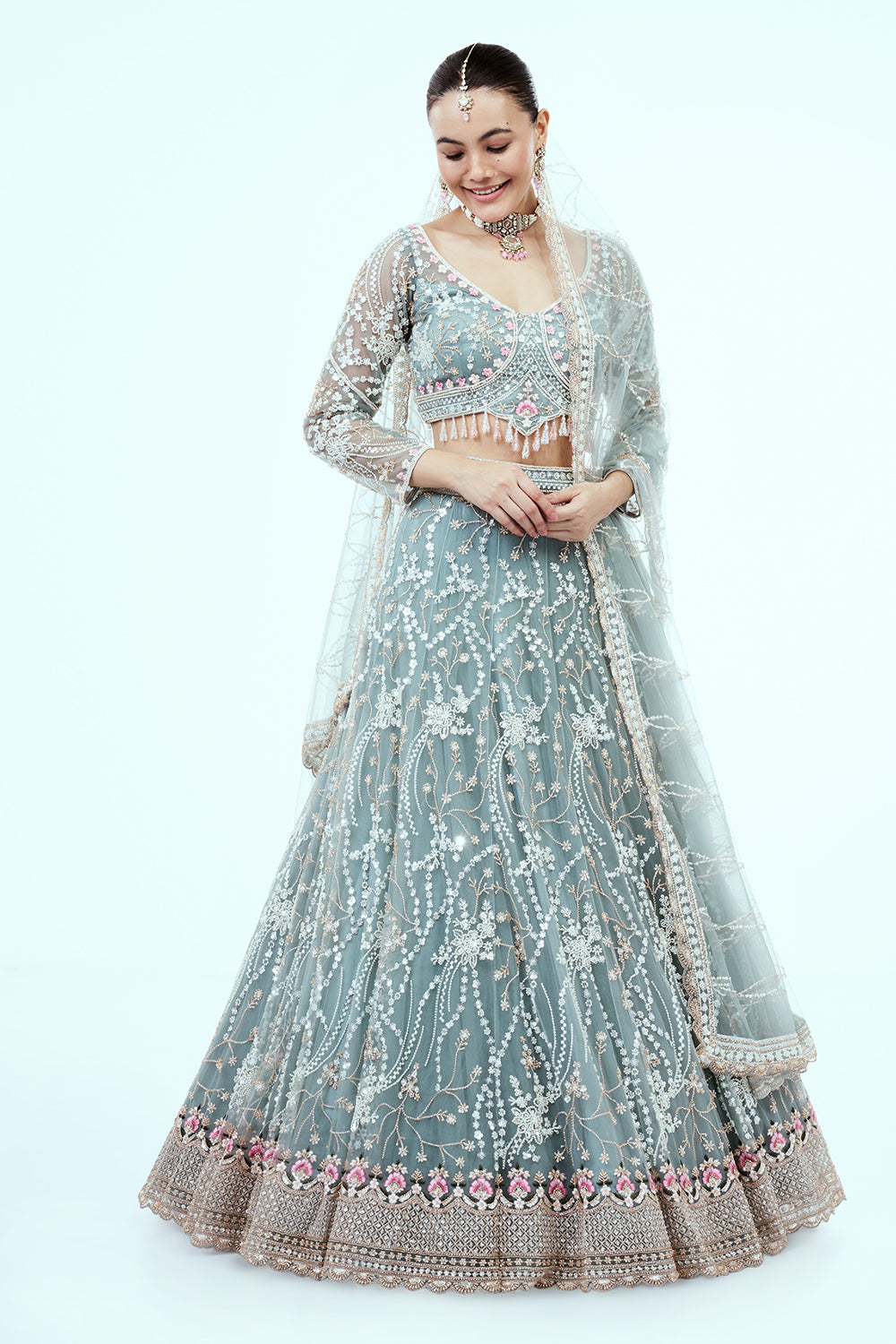 Dusty Blue Hand Embroidered Net Lehenga with Cutdana Work