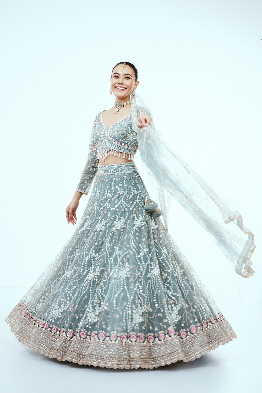 Dusty Blue Hand Embroidered Net Lehenga with Cutdana Work