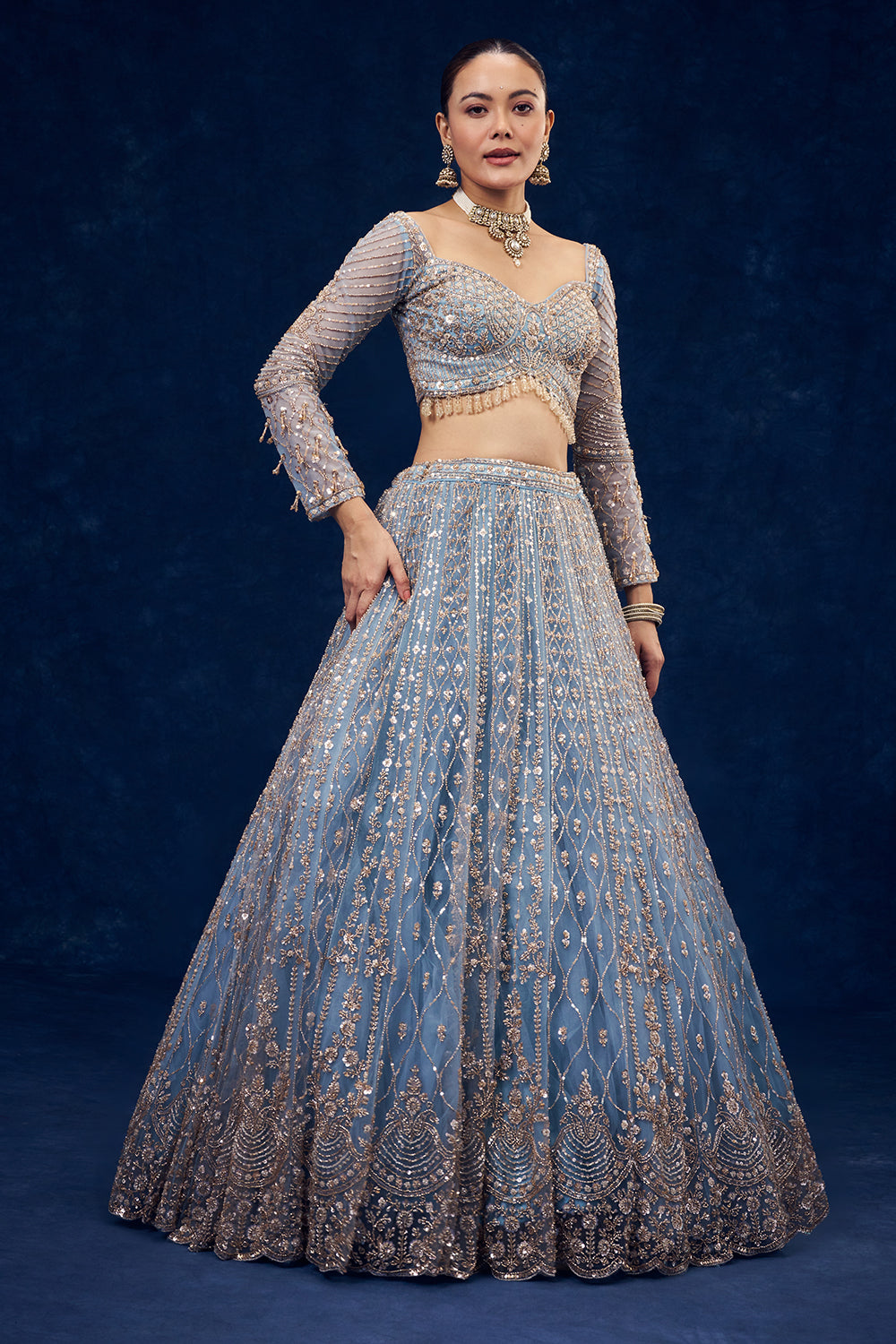 Dusty Blue Net Lehenga with Cutdana and Pearl Hand Work