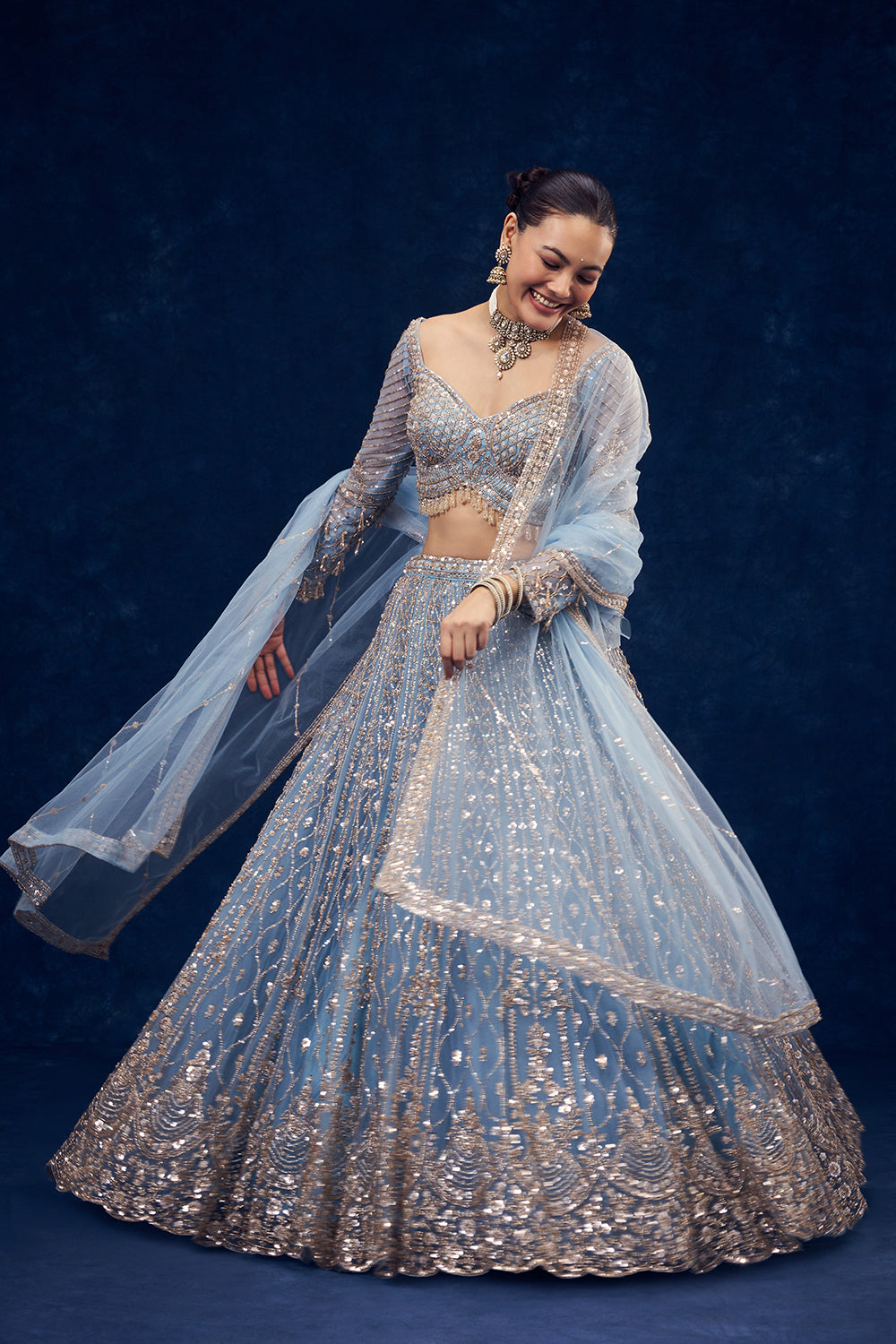 Dusty Blue Net Lehenga with Cutdana and Pearl Hand Work