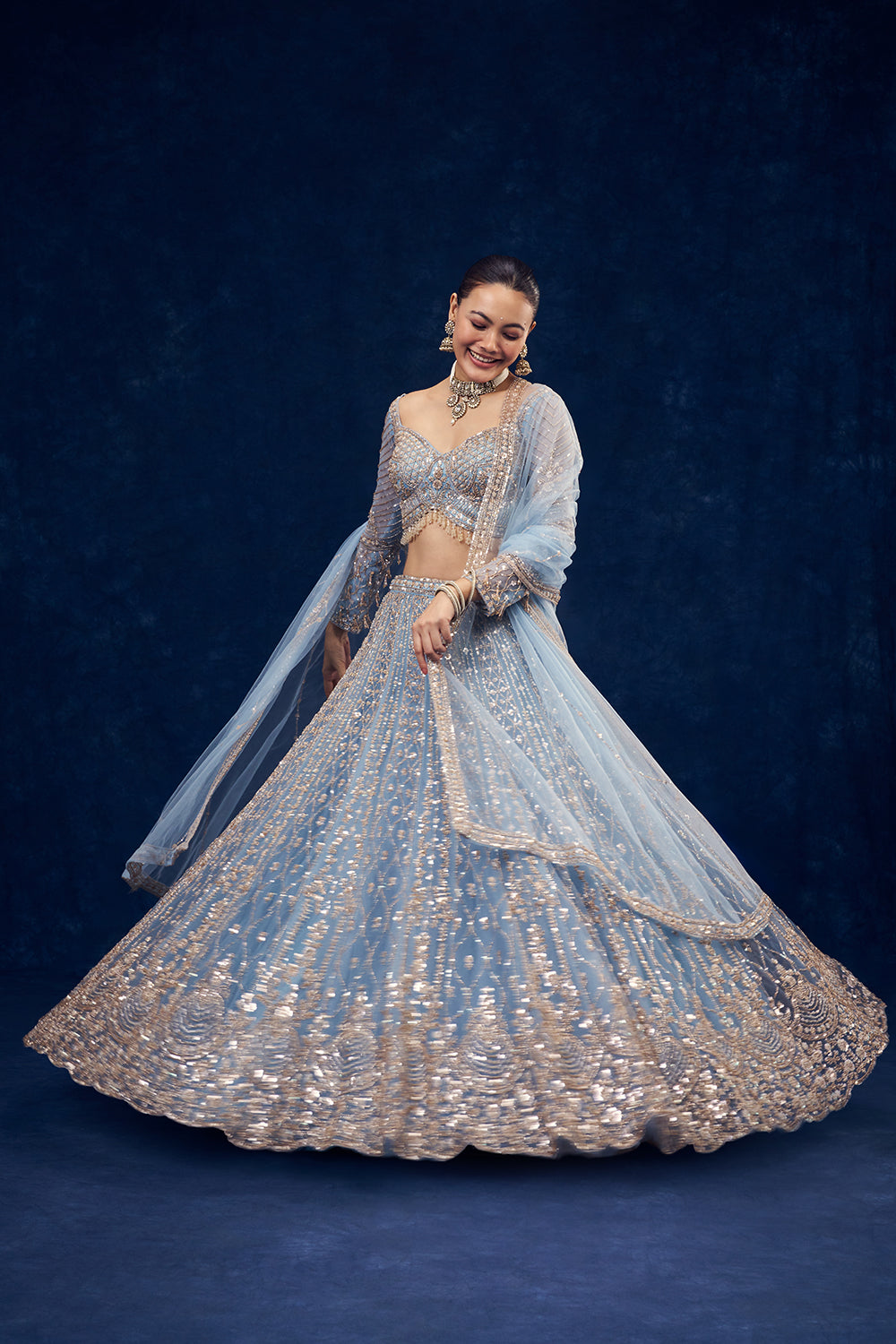 Dusty Blue Net Lehenga with Cutdana and Pearl Hand Work