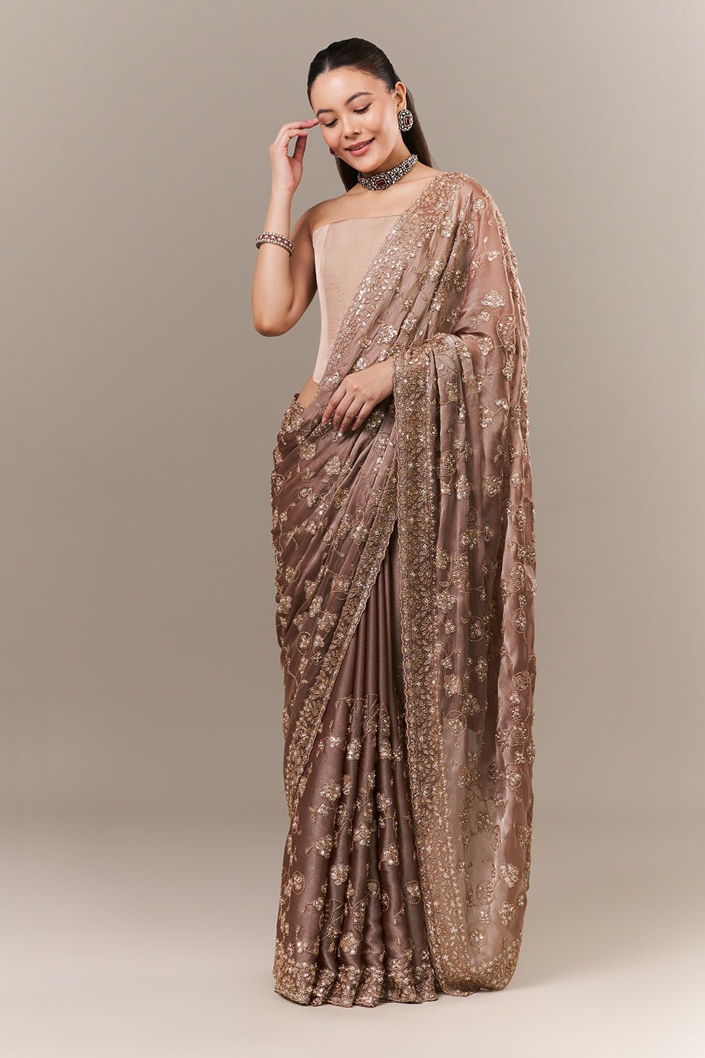 Dusty Brown Glass Organza Saree with Sequin and Cutdana Work