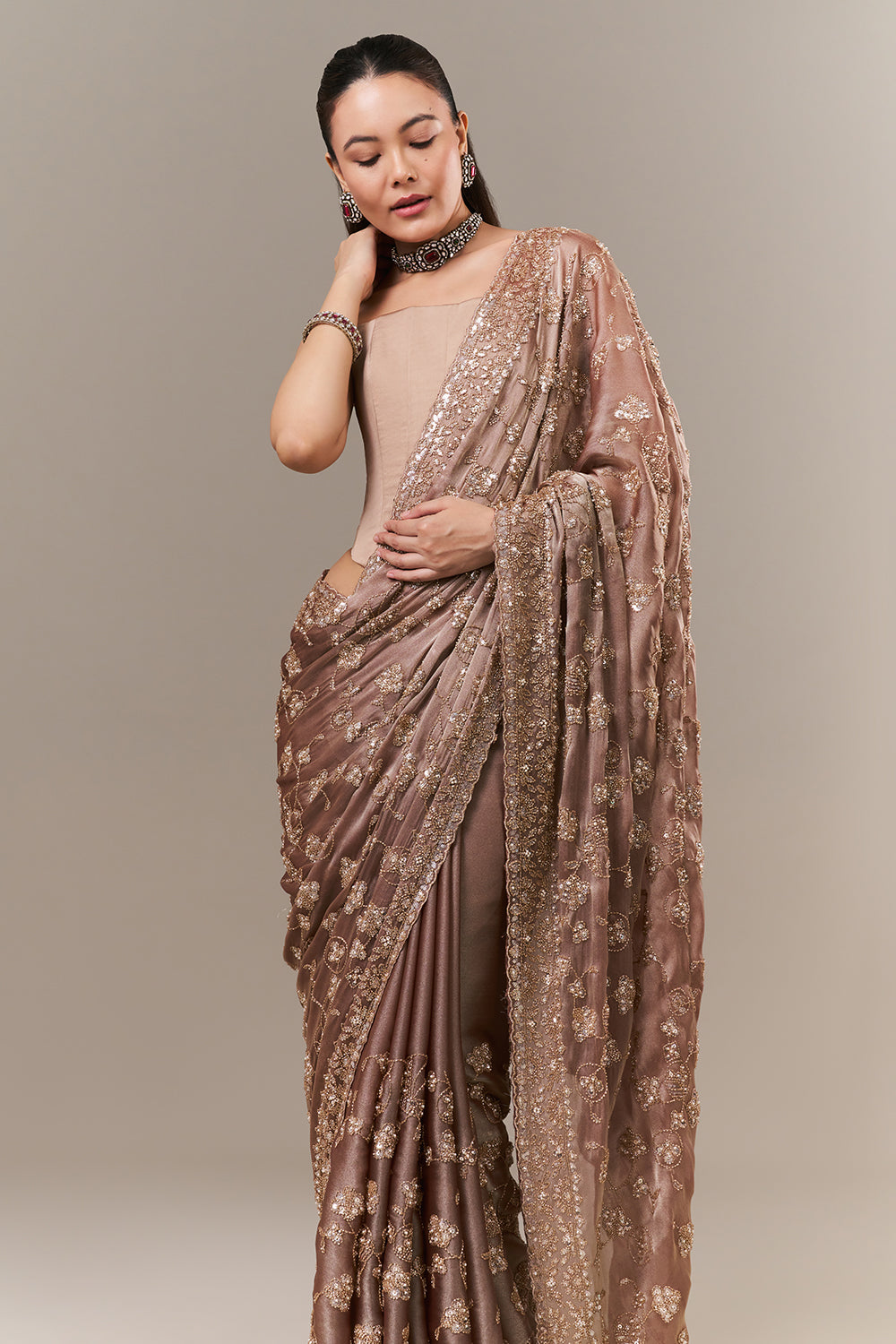 Dusty Brown Glass Organza Saree with Sequin and Cutdana Work