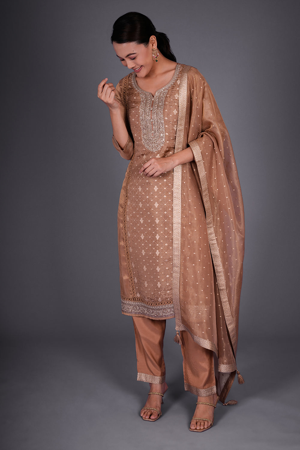 Dusty Gold Chanderi Jacquard Kurta Set with Zari Embroidery