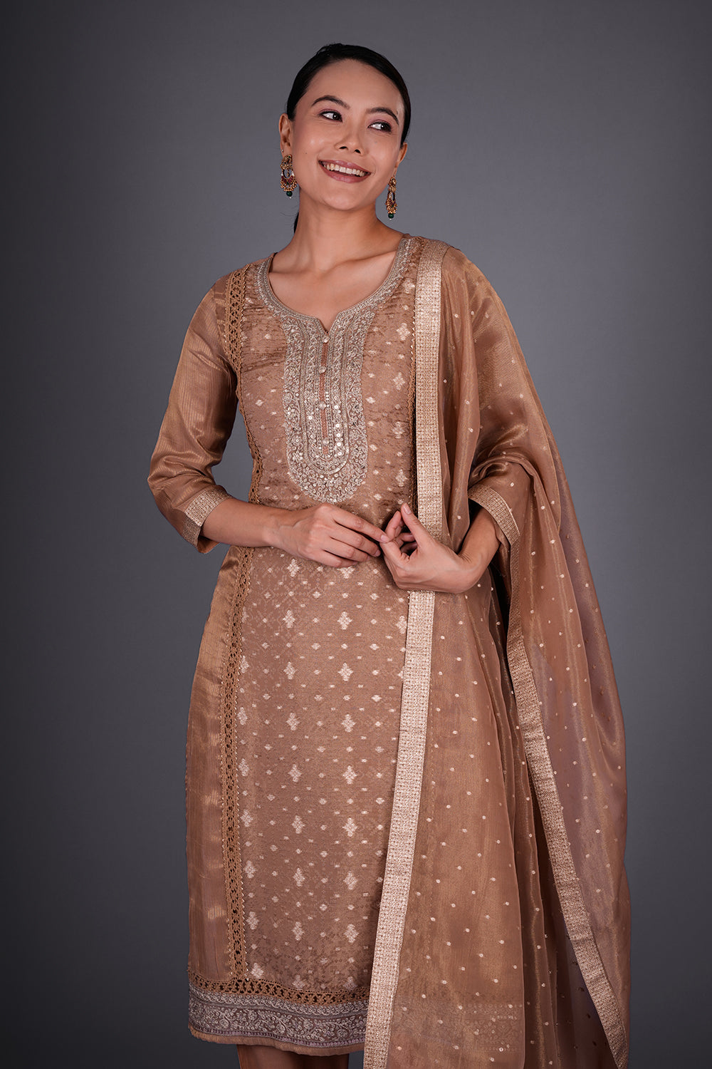 Dusty Gold Chanderi Jacquard Kurta Set with Zari Embroidery