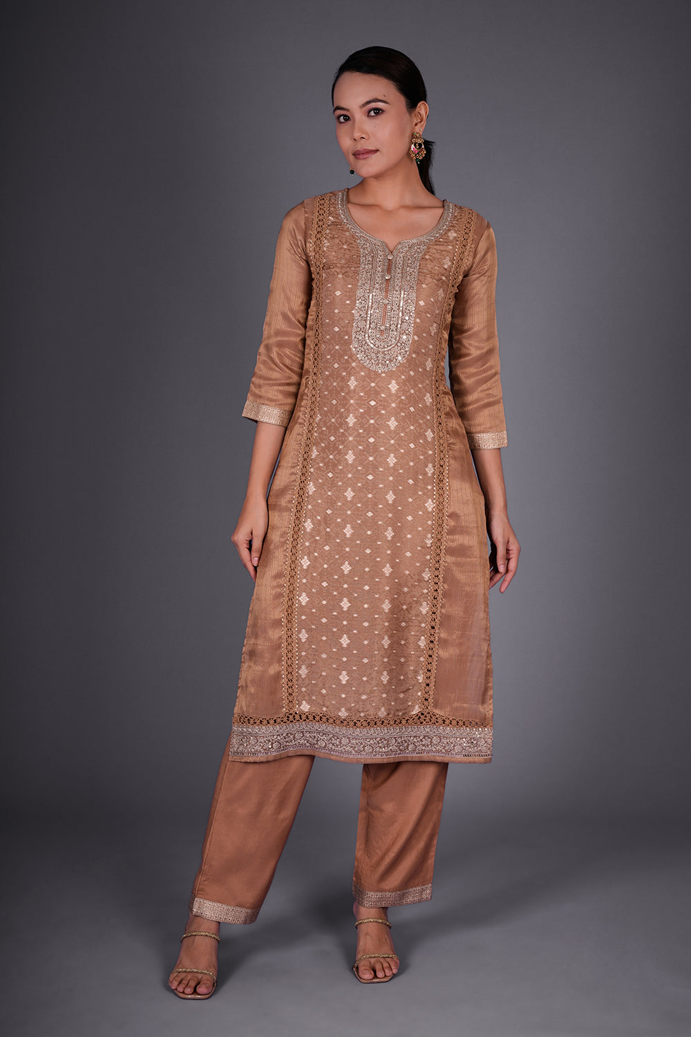 Dusty Gold Chanderi Jacquard Kurta Set with Zari Embroidery