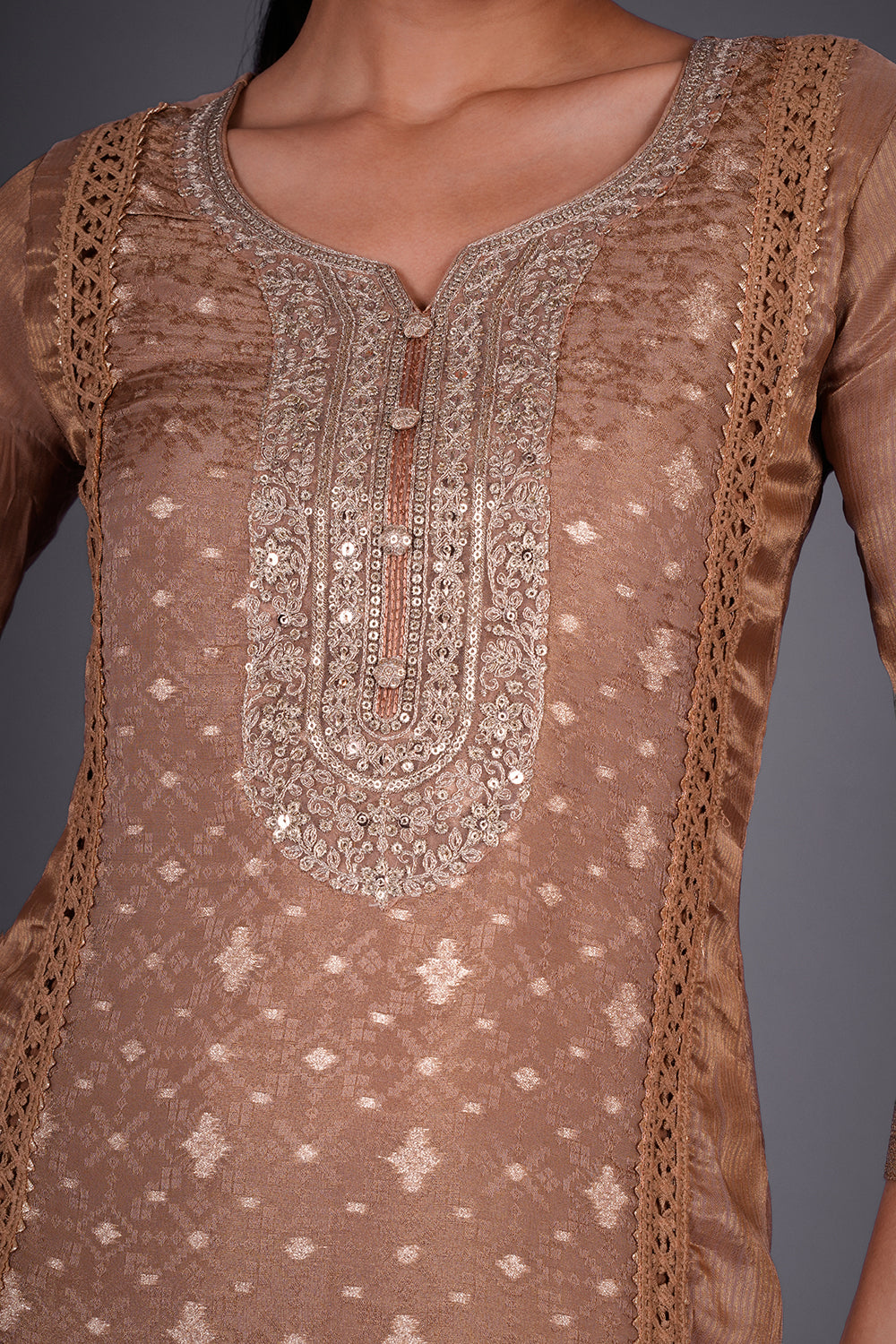 Dusty Gold Chanderi Jacquard Kurta Set with Zari Embroidery