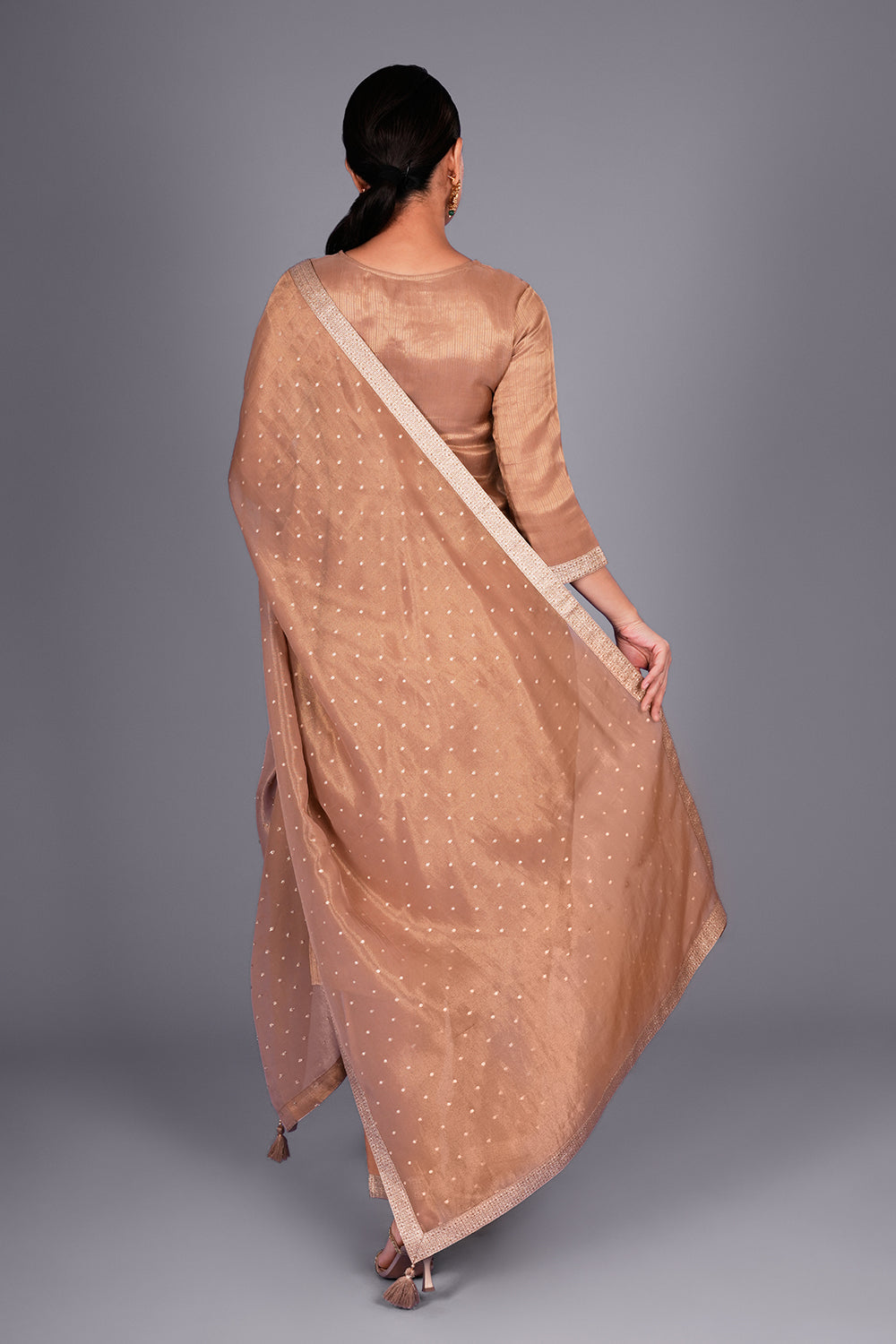 Dusty Gold Chanderi Jacquard Kurta Set with Zari Embroidery