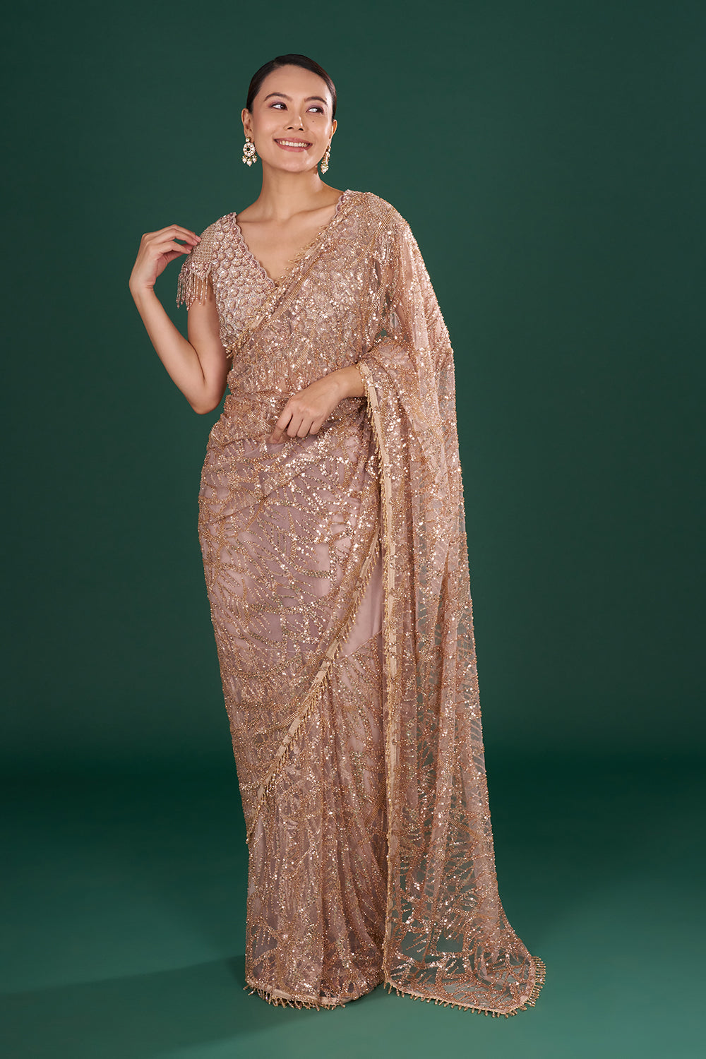 Dusty Gold Embroidered Net Saree in Abstract Pattern and Unstitched Blouse