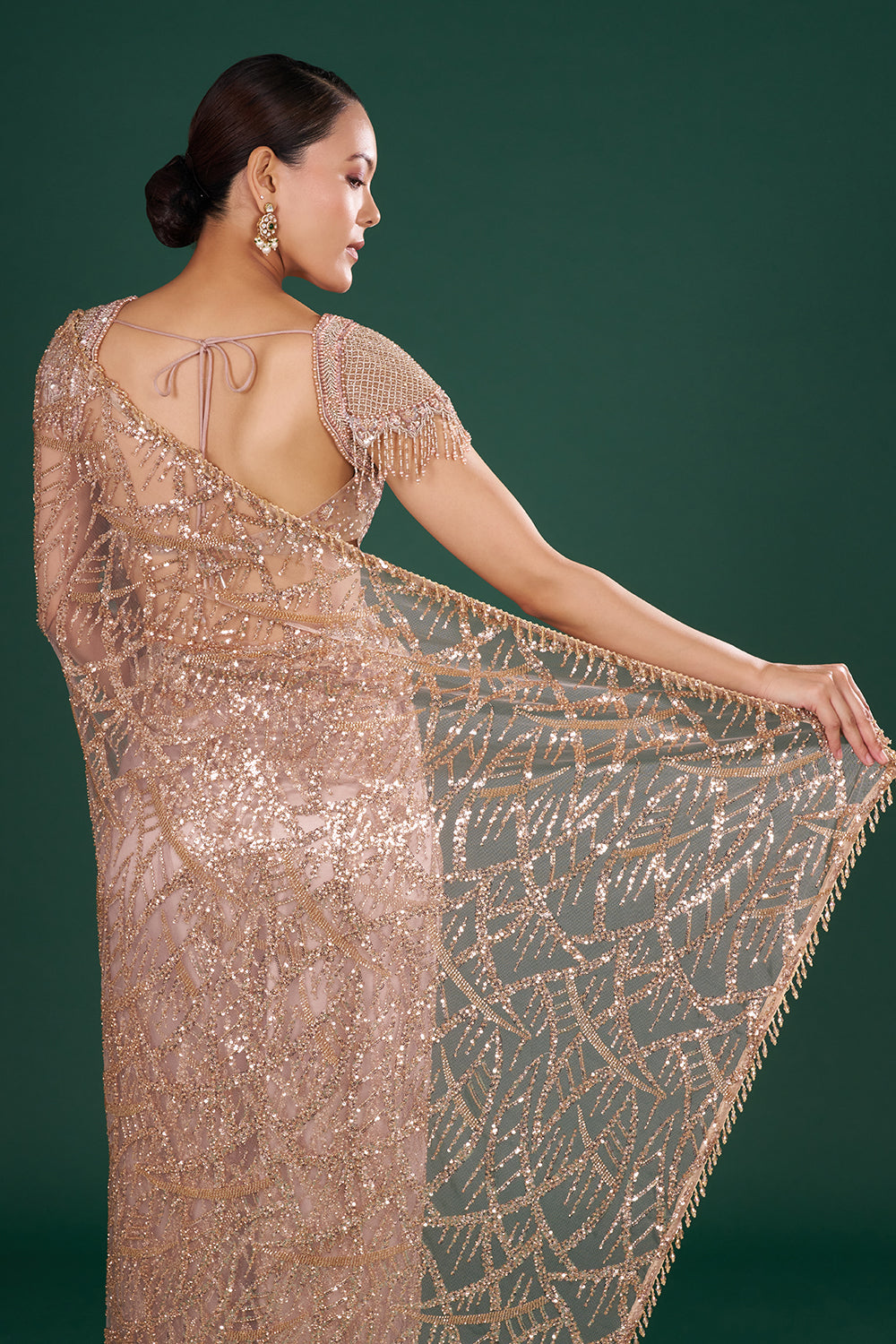 Dusty Gold Embroidered Net Saree in Abstract Pattern and Unstitched Blouse