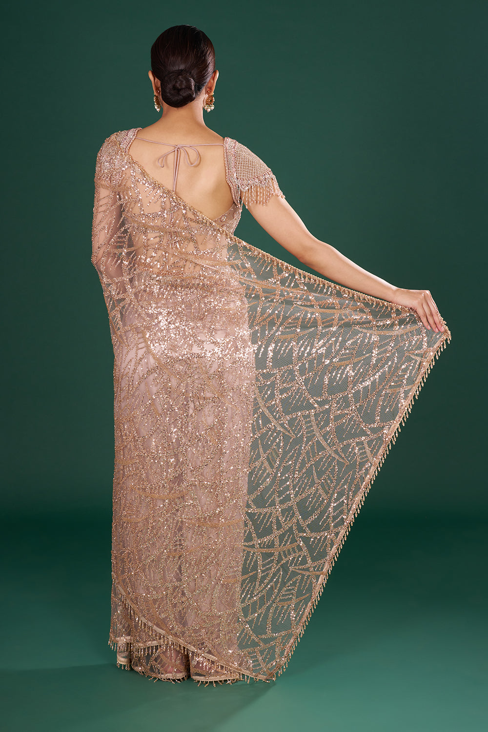 Dusty Gold Embroidered Net Saree in Abstract Pattern and Unstitched Blouse
