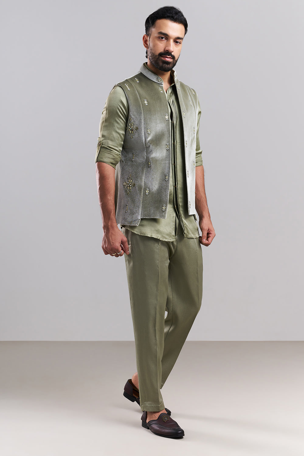 Dusty Green Linen Satin Embellished Men’s Kurta Jacket Set