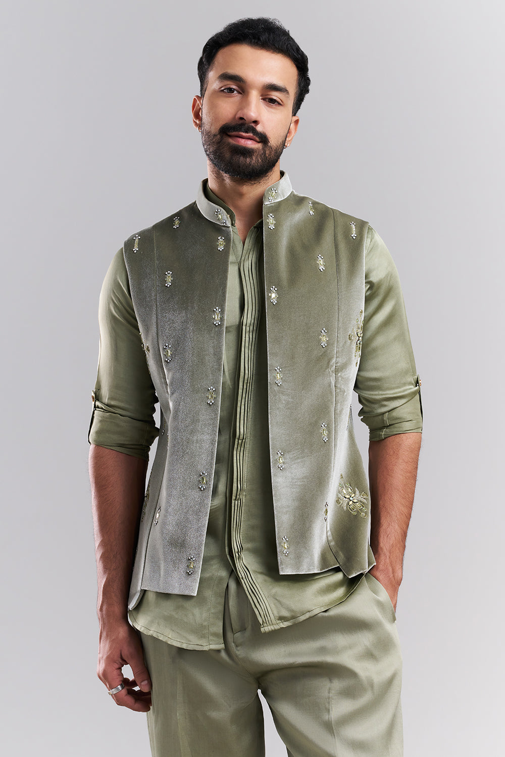 Dusty Green Linen Satin Embellished Men’s Kurta Jacket Set