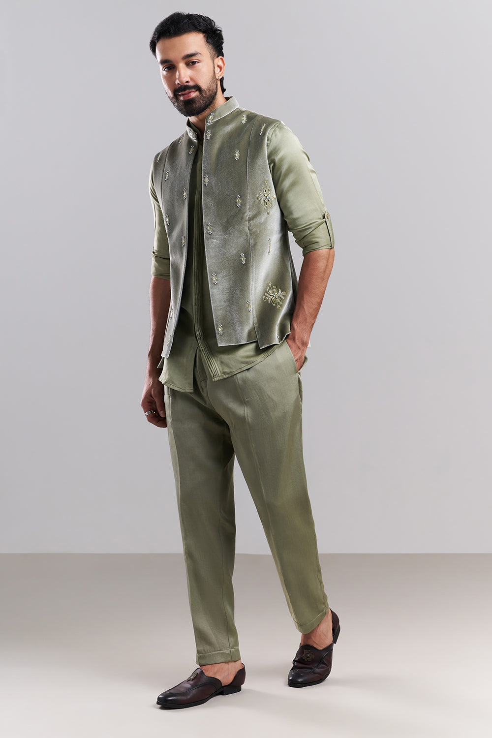 Dusty Green Linen Satin Embellished Men’s Kurta Jacket Set