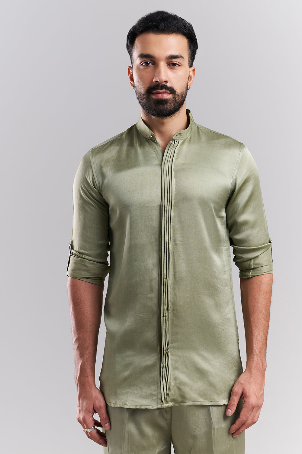 Dusty Green Linen Satin Embellished Men’s Kurta Jacket Set