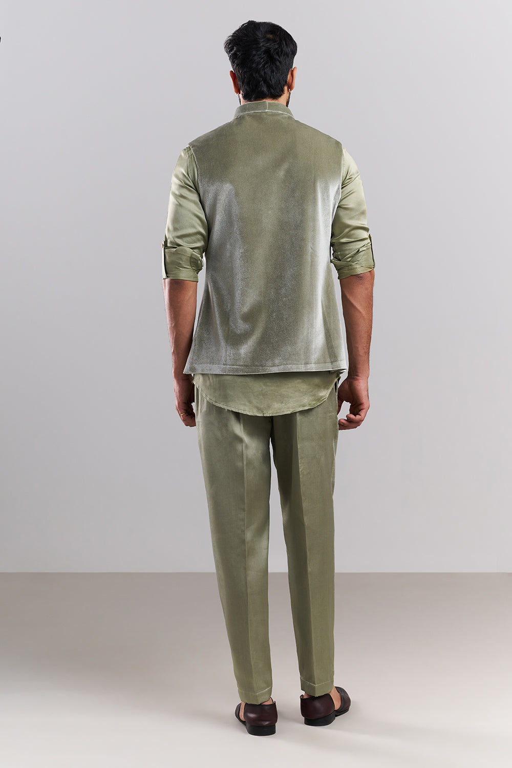 Dusty Green Linen Satin Embellished Men’s Kurta Jacket Set