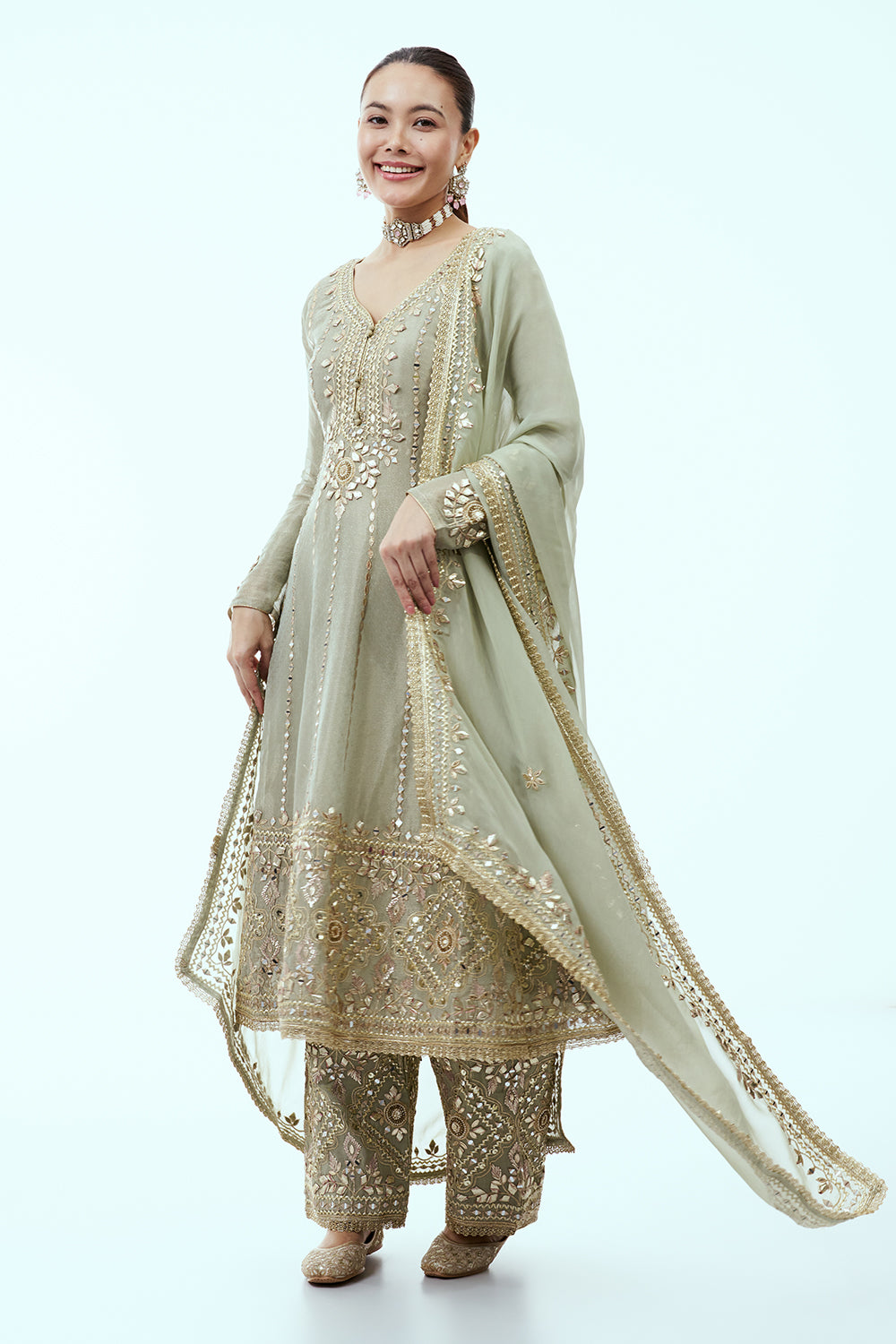 Dusty Green Tissue Anarkali Suit with Mirror and Gota Work