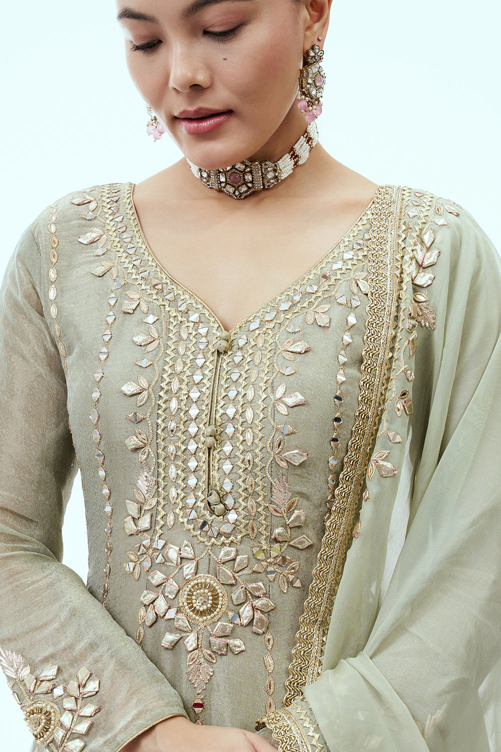 Dusty Green Tissue Anarkali Suit with Mirror and Gota Work
