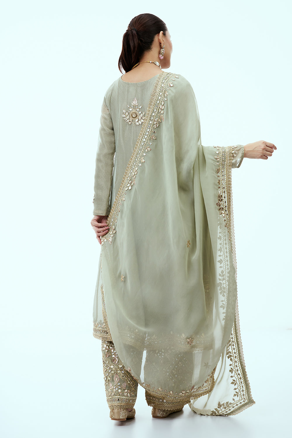 Dusty Green Tissue Anarkali Suit with Mirror and Gota Work
