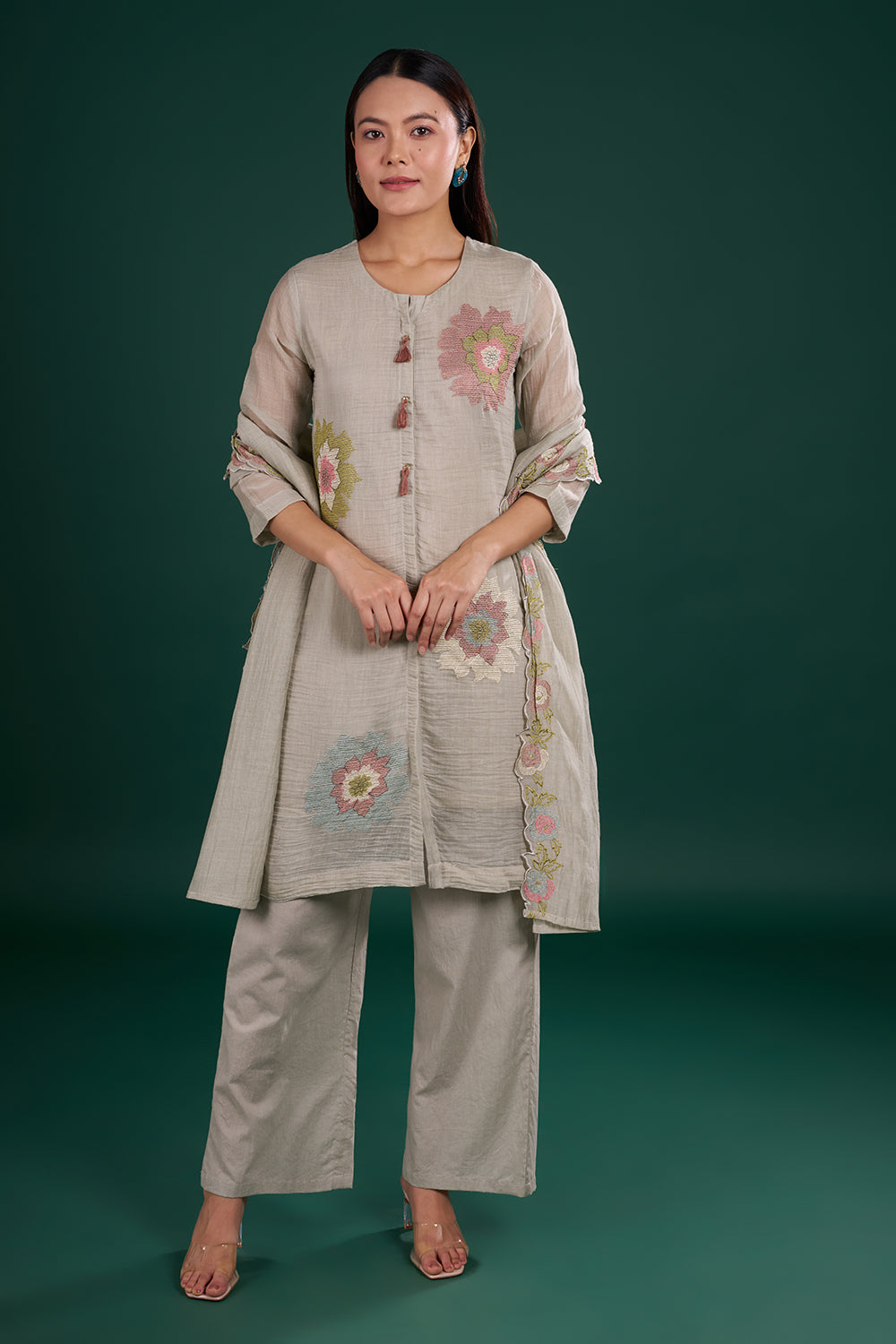 Dusty Grey Muslin Kurta Set with Floral Thread Embroidery