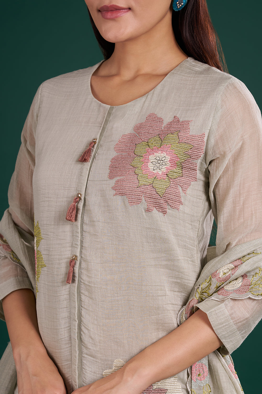 Dusty Grey Muslin Kurta Set with Floral Thread Embroidery